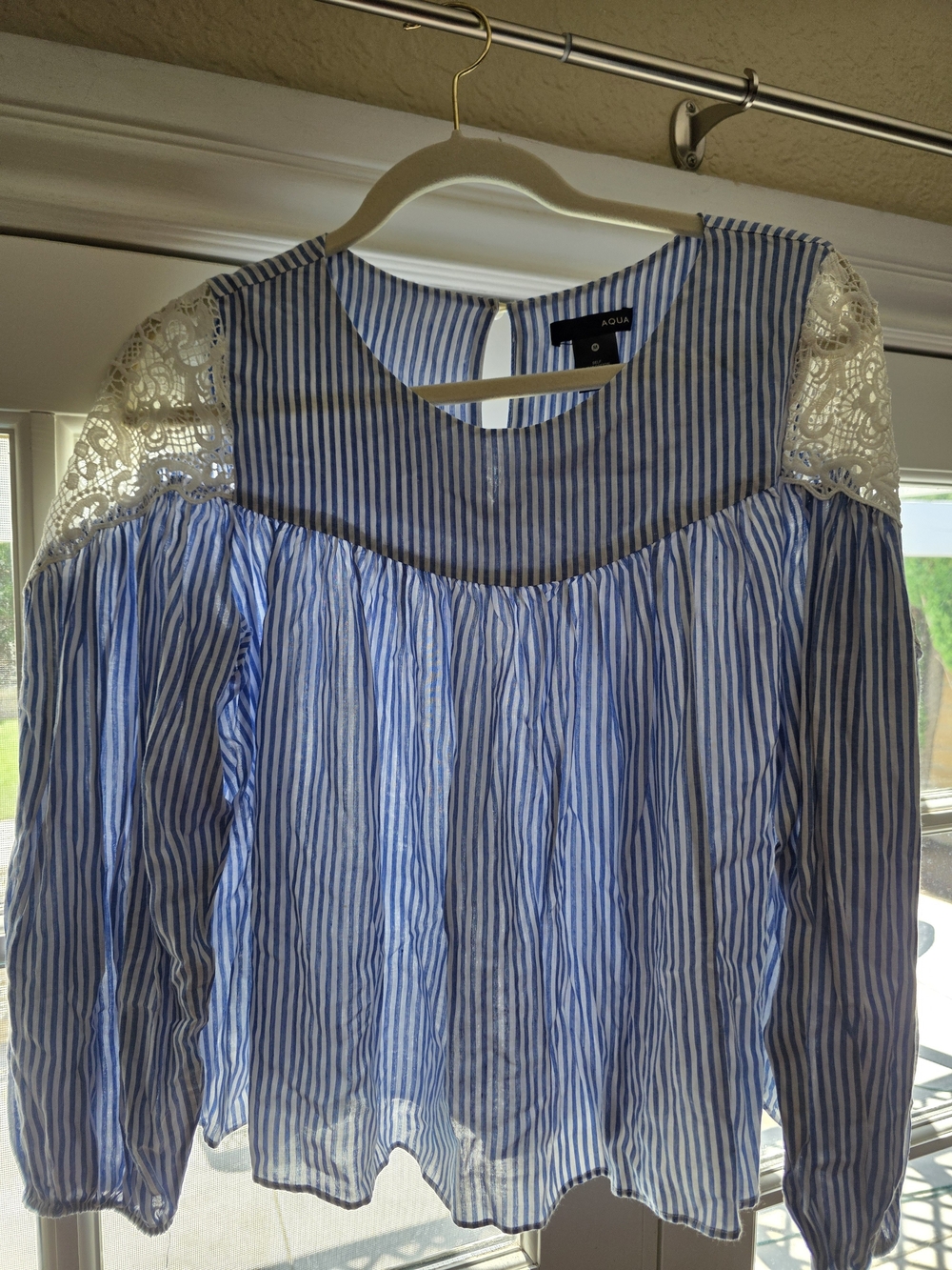 AQUA Blue & White Striped Lace-Shoulder Peasant Top